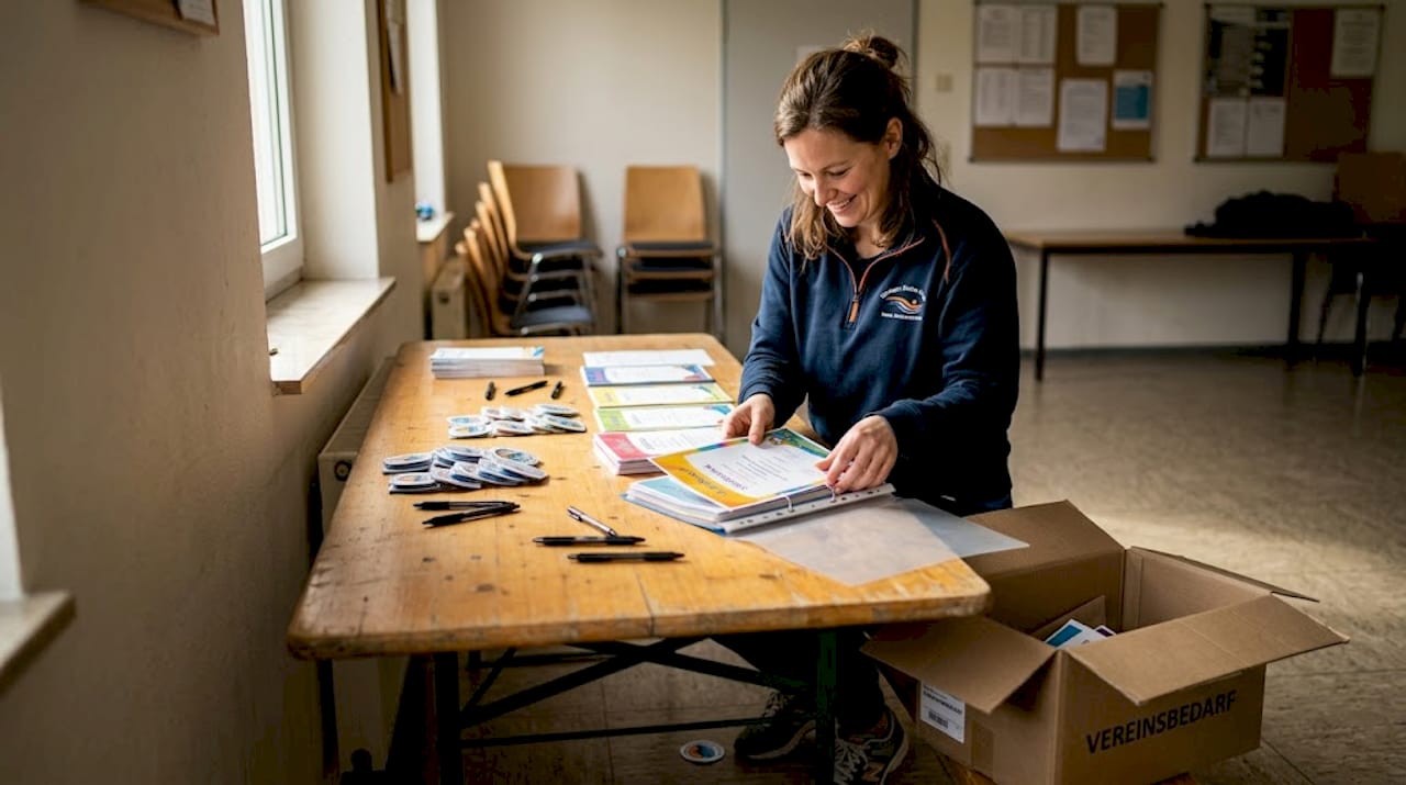 Eine ehrenamtliche Helferin bereitet Schwimmabzeichen und Urkunden für die Teilnehmer vor.
