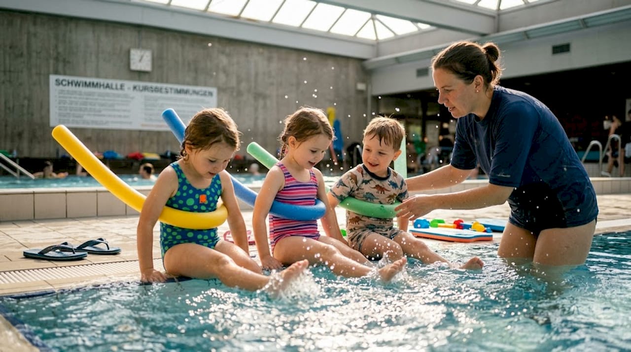 Vorschulkinder lernen bei uns in kleinen Gruppen schwimmen.