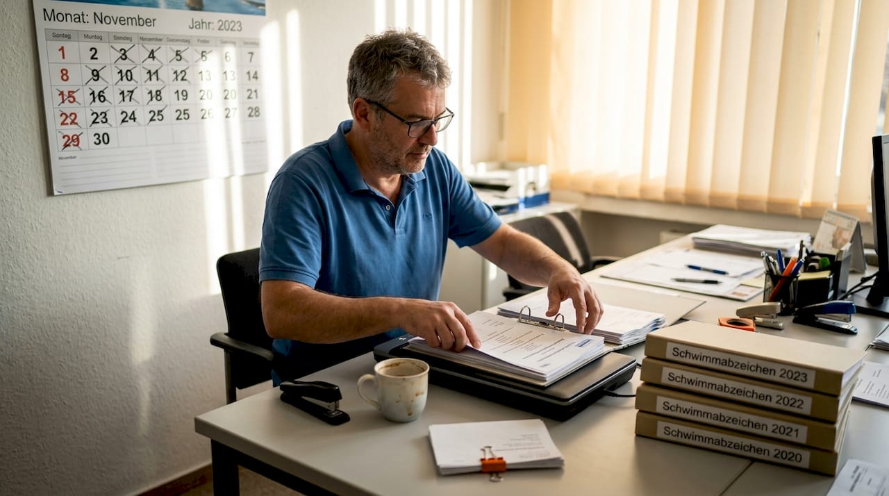 Der Vereinssekretär sorgt dafür, dass die Schwimmabzeichen-Unterlagen digital erfasst und übersichtlich gespeichert werden.