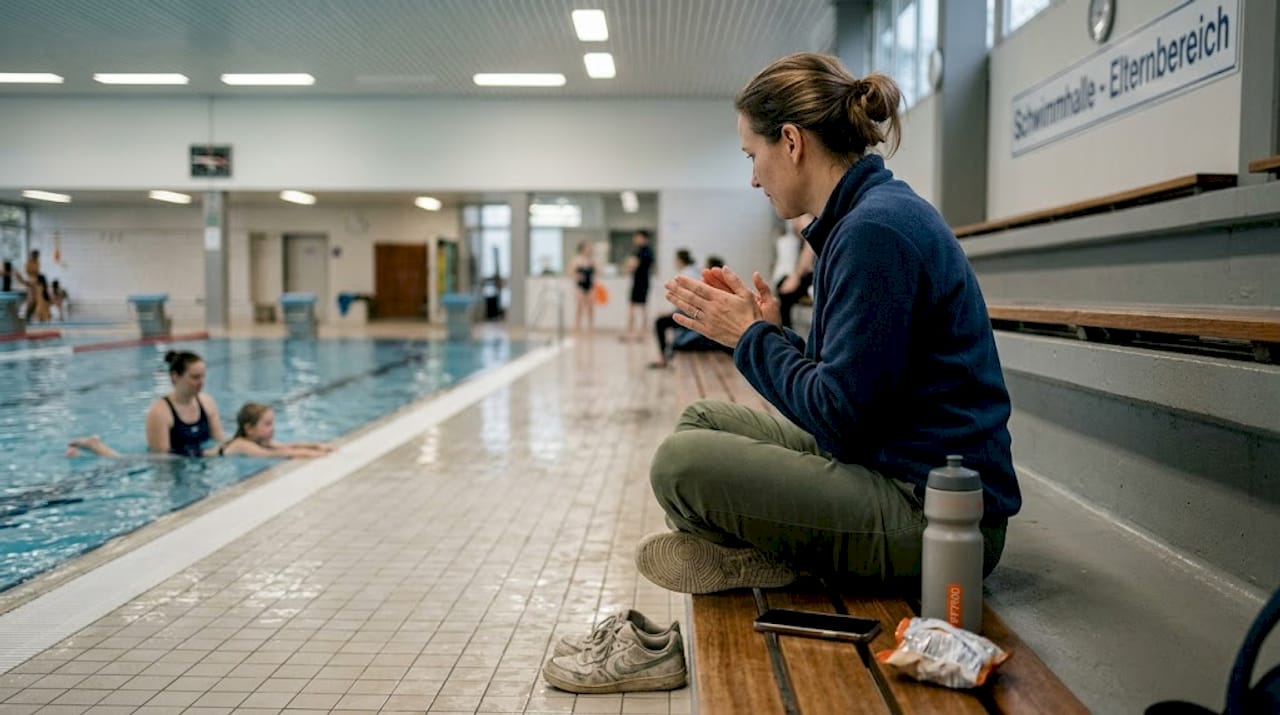 Ein Elternteil feuert sein Kind beim Schwimmunterricht motivierend an und gibt ihm Mut, die nächsten Bahnen zu meistern.
