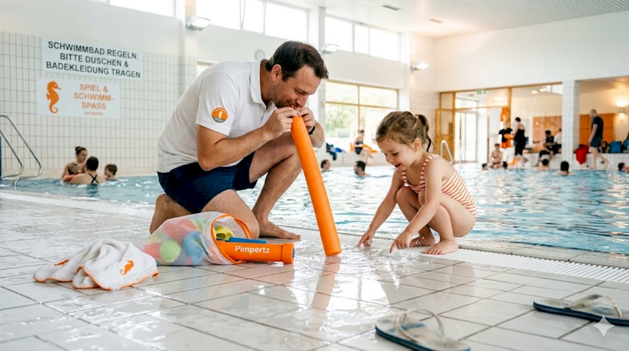 Ein Elternteil hilft seinem Kind dabei, sich für das Schwimmtraining fertig zu machen.