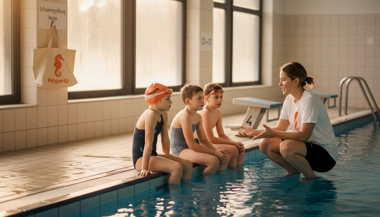 Am Beckenrand sitzen Kinder und warten gespannt darauf, dass ihre Schwimmprüfung beginnt.