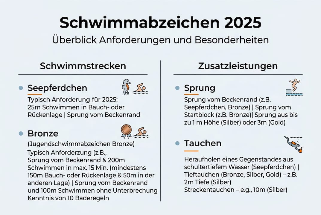 Übersichtliche Infografik: Die wichtigsten Anforderungen für Schwimmabzeichen auf einen Blick