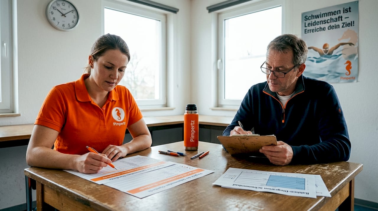 Schwimmtrainer tauschen sich über die Anforderungen der verschiedenen Schwimmabzeichen aus und vergleichen, worauf bei den Prüfungen jeweils geachtet wird.