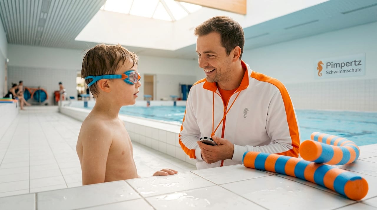 Der Schwimmlehrer steht dem Kind während der Schwimmprüfung unterstützend zur Seite.