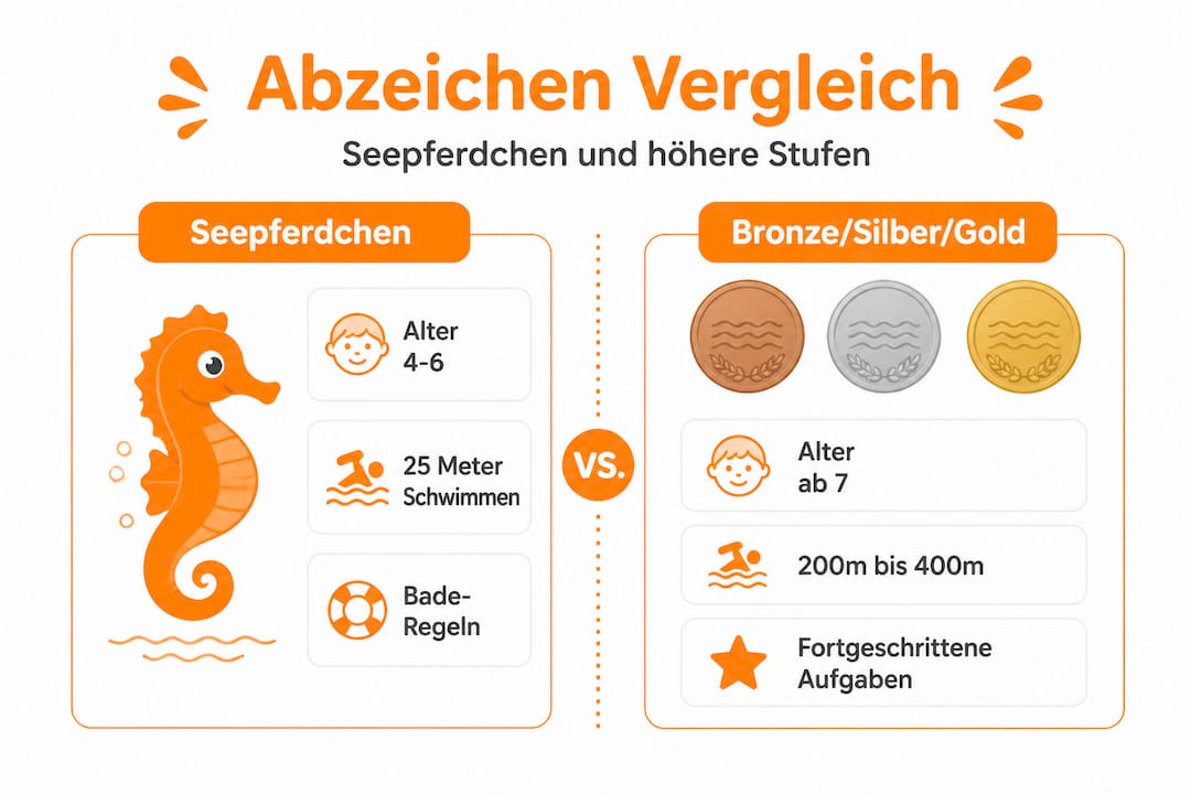 Übersichtsgrafik: Die wichtigsten Schwimmabzeichen im direkten Vergleich