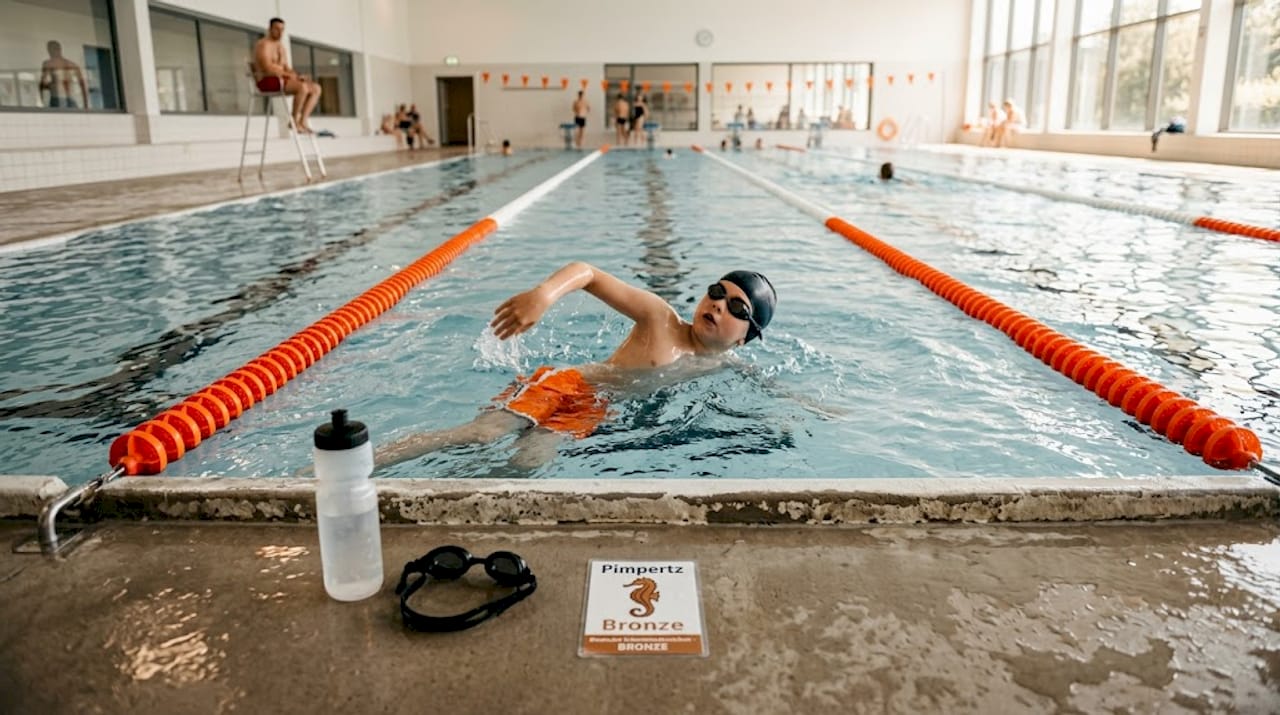 Ein Kind trainiert fleißig, um das Schwimmabzeichen in Bronze zu schaffen.