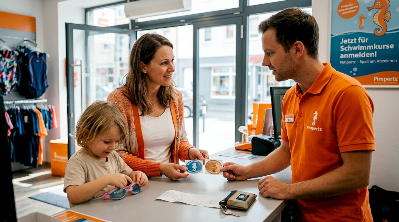 Eine Familie schaut sich im Sportgeschäft verschiedene Schwimmabzeichen an und vergleicht sie miteinander.