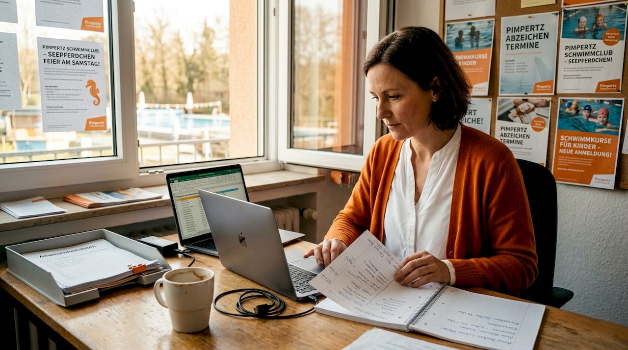 Eine Mitarbeiterin des Vereins pflegt am Laptop die Teilnehmerlisten für die Schwimmkurse.