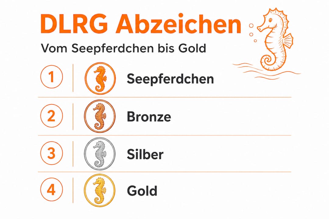 Übersichtsgrafik: Alle DLRG-Schwimmabzeichen vom Seepferdchen bis zum Goldabzeichen auf einen Blick