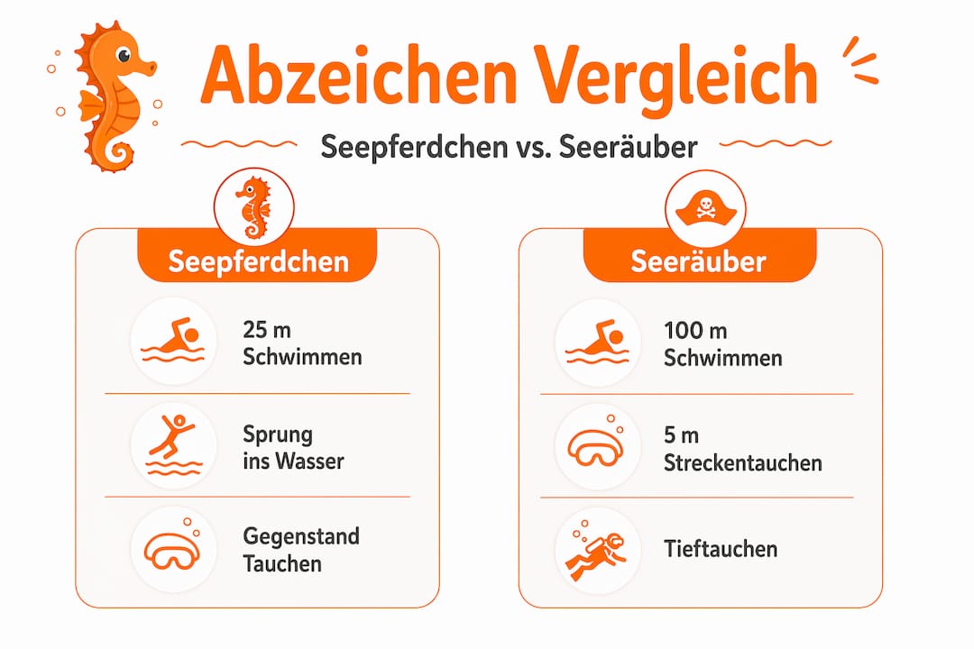 Infografik: Was unterscheidet das Seepferdchen-Abzeichen vom Seeräuber-Abzeichen?