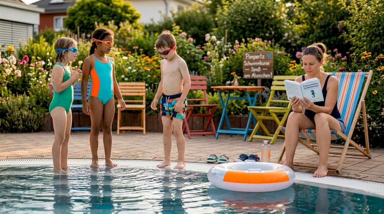 Kinder warten gemeinsam mit ihren Eltern auf den Beginn ihres Schwimmkurses.