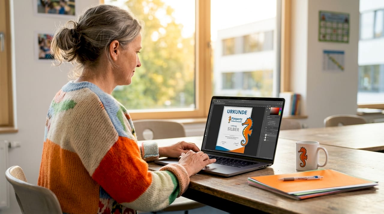 Eine Frau fügt ein Logo in eine digitale Zertifikatsvorlage ein.