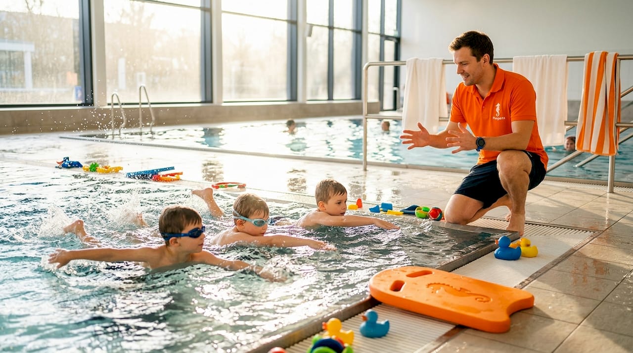 Kinder üben im Schwimmbad ihre Armbewegungen beim Schwimmen.