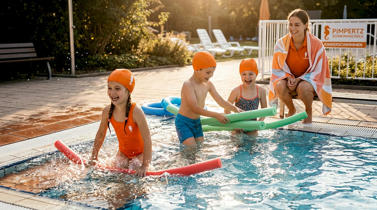 Kinder versuchen, auf bunten Schwimmnudeln das Gleichgewicht zu halten und haben dabei jede Menge Spaß im Schwimmbad.