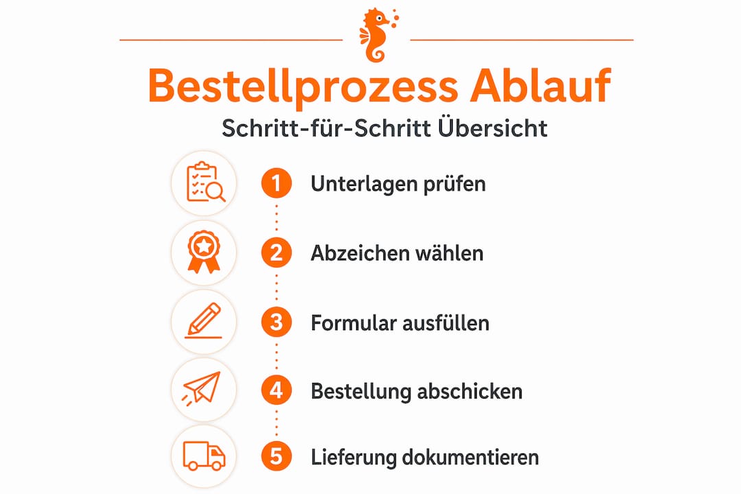 Die Infografik veranschaulicht Schritt für Schritt, wie der Bestellvorgang für das Schwimmabzeichen abläuft.