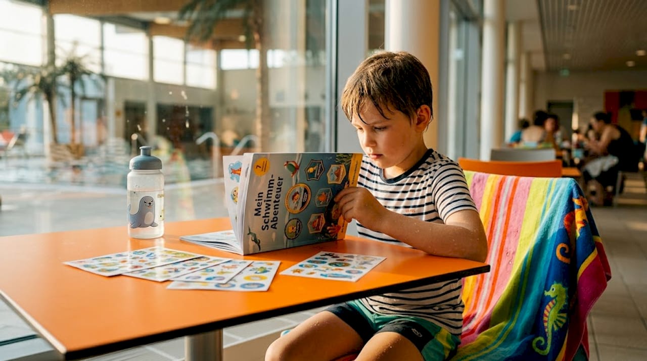 Ein Kind sitzt am Küchentisch und klebt begeistert Sticker in sein Schwimmheft.