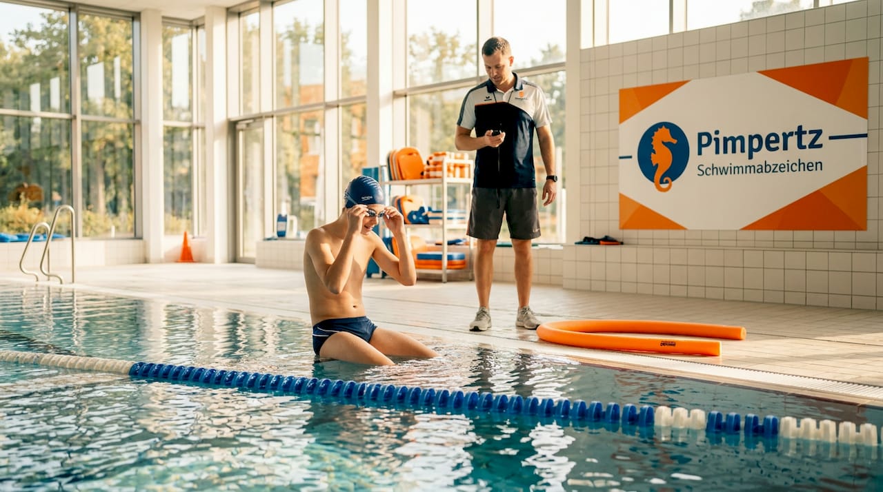 Ein Jugendlicher zieht im Schwimmbecken seine Bahnen, während der Trainer die Zeit misst.