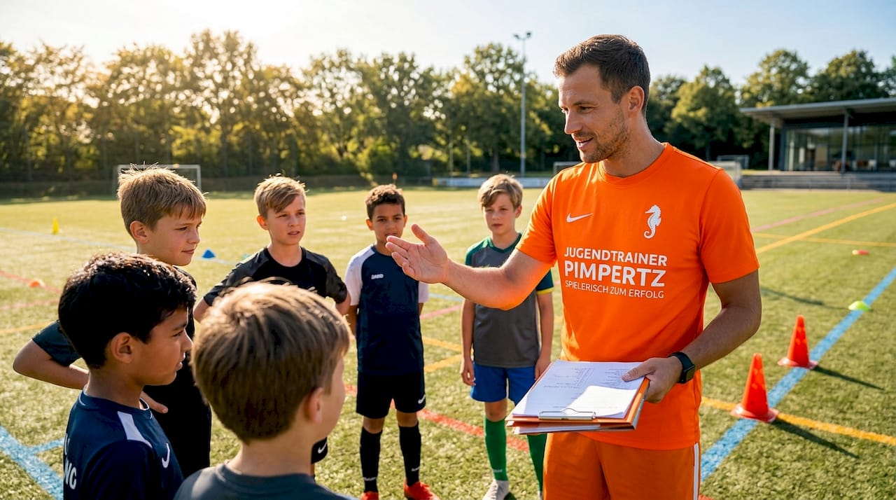 Ein Jugendtrainer gibt Kindern draußen auf dem Sportplatz Anweisungen.