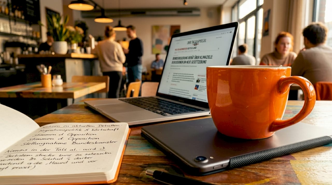 Auf dem Laptop ist die Startseite eines Nachrichtenportals mit politischen Themen zu sehen.
