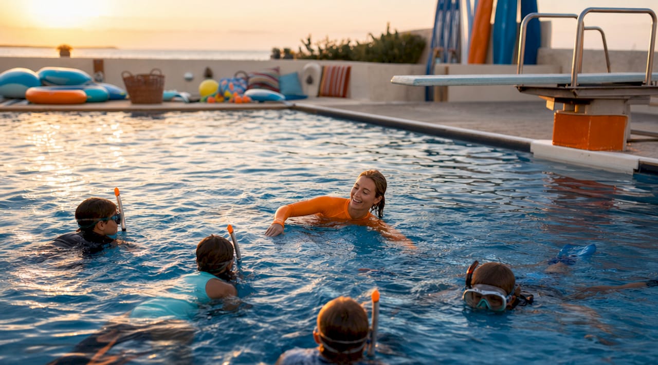 Unter Anleitung eines Trainers machen Kinder ihre ersten Erfahrungen mit dem Schnorcheln im Hallenbad.