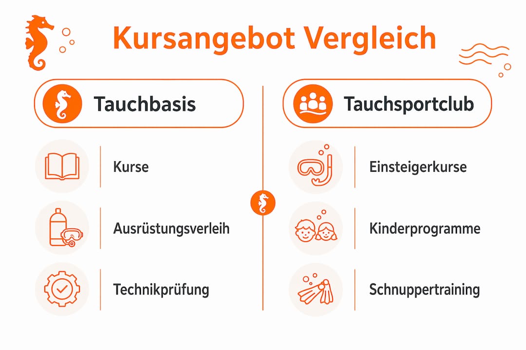 Infografik: Gegenüberstellung der Kursangebote von Tauchschulen und Tauchvereinen