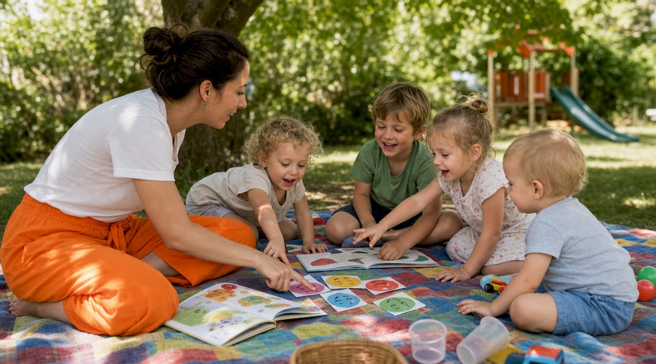 Kinder sitzen am Tisch und beschäftigen sich mit Gefühlskarten.