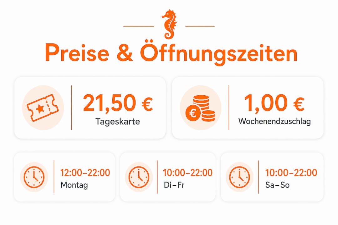 Übersichtliche Infografik mit aktuellen Eintrittspreisen und den Öffnungszeiten des Vitalis Weiskirchen