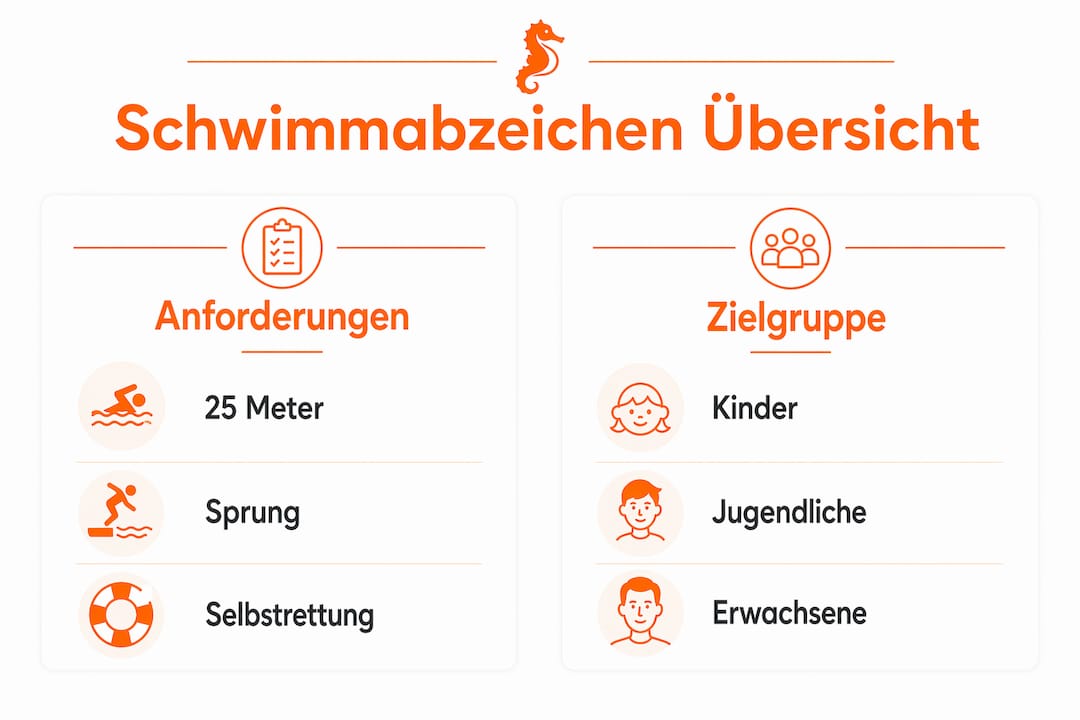 Infografik: Schwimmabzeichen im Vergleich – Anforderungen und empfohlene Altersgruppen auf einen Blick