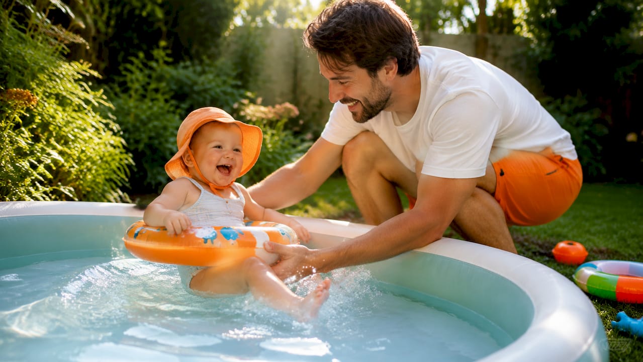 Ein Vater spielt mit seinem kleinen Kind im Schwimmbad und fördert dabei spielerisch die Wassergewöhnung und Bewegung im Wasser.