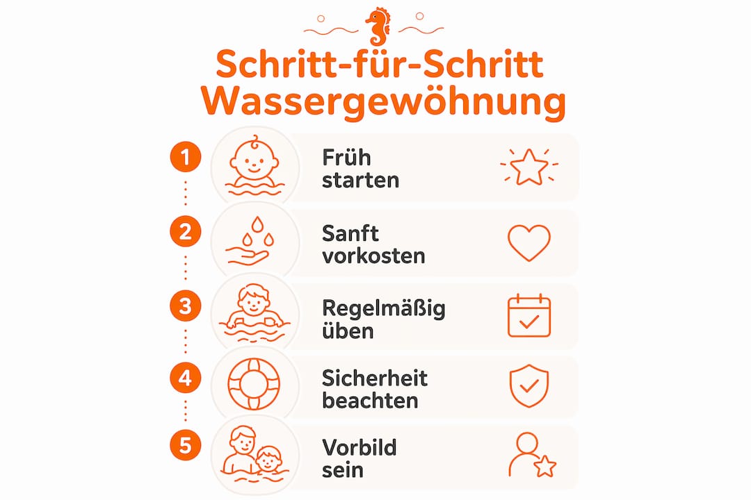 Grafik: Schritt-für-Schritt-Anleitung zur spielerischen Wassergewöhnung für Kleinkinder