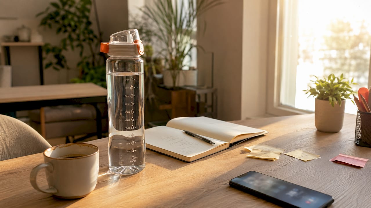 Schreibtisch im Büro mit beschrifteter Trinkflasche und Laptop