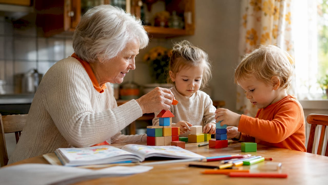Oma sitzt mit ihren Enkelkindern auf dem Teppich und spielt gemeinsam mit bunten Holzspielzeugen.