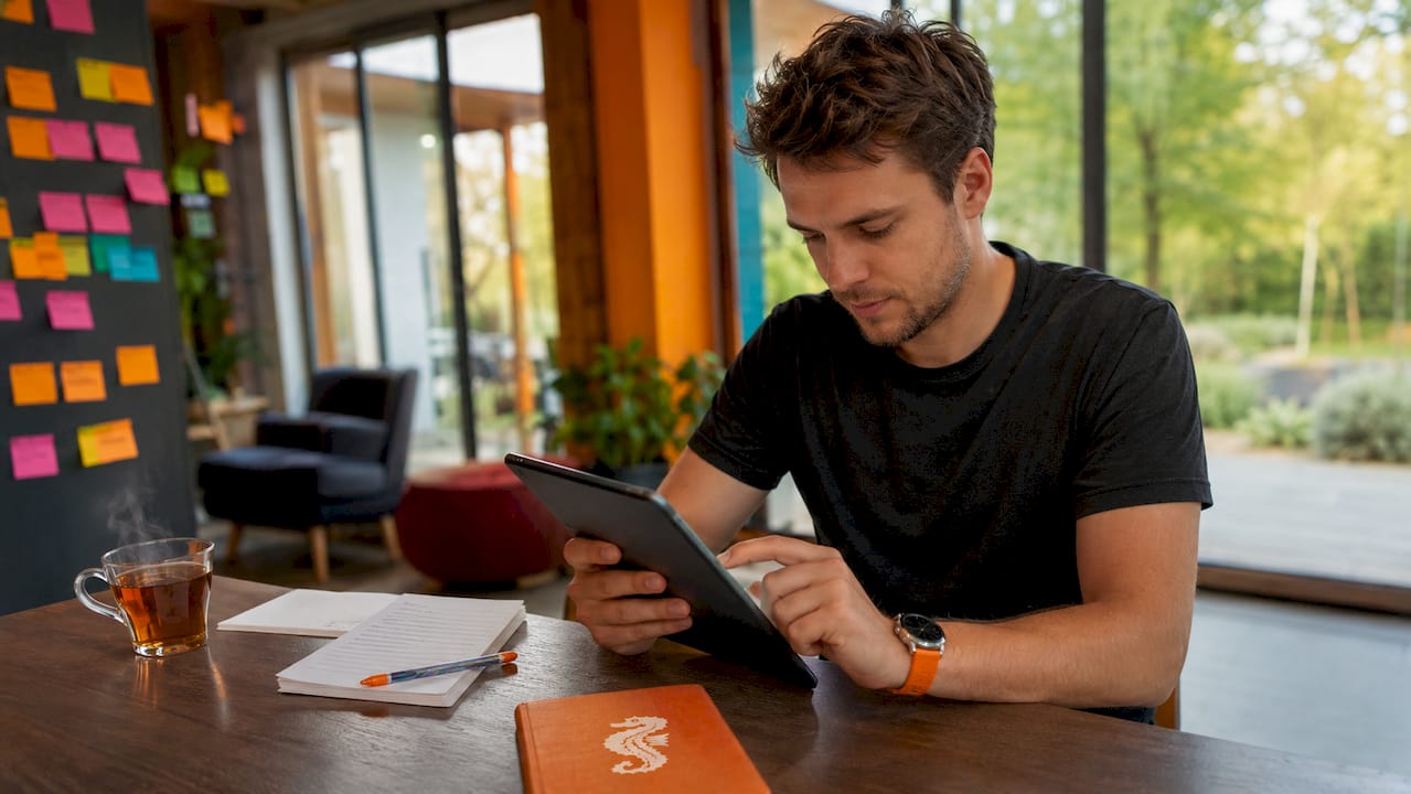 Der Lehrer sitzt am Tisch und pflegt die Checkliste auf seinem Tablet.