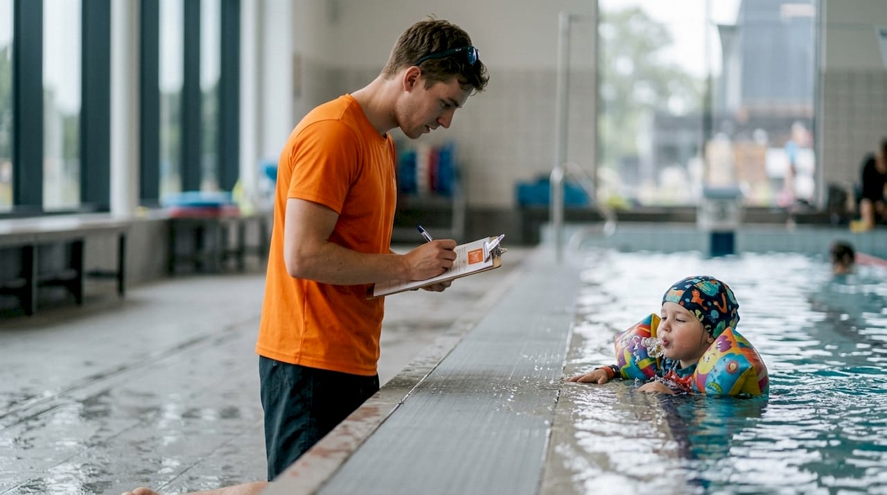 Im Schwimmtraining hält der Trainer die individuellen Lernziele der Teilnehmer fest.