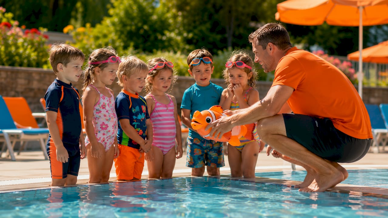 Ein Schwimmlehrer zeigt einer kleinen Gruppe von Kindern verschiedene Schwimmübungen und begleitet sie dabei im Wasser.
