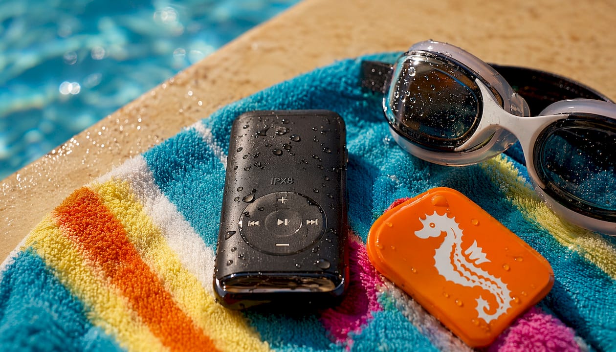 Detailansicht eines wasserdichten MP3-Players mit IPX8-Zertifizierung