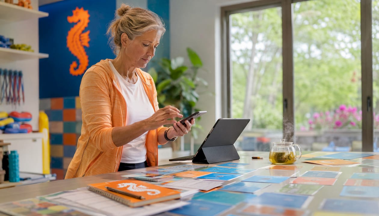 Eine erfahrene Kursleiterin organisiert die Teilnehmerdaten ihres Schwimmkurses bequem digital.
