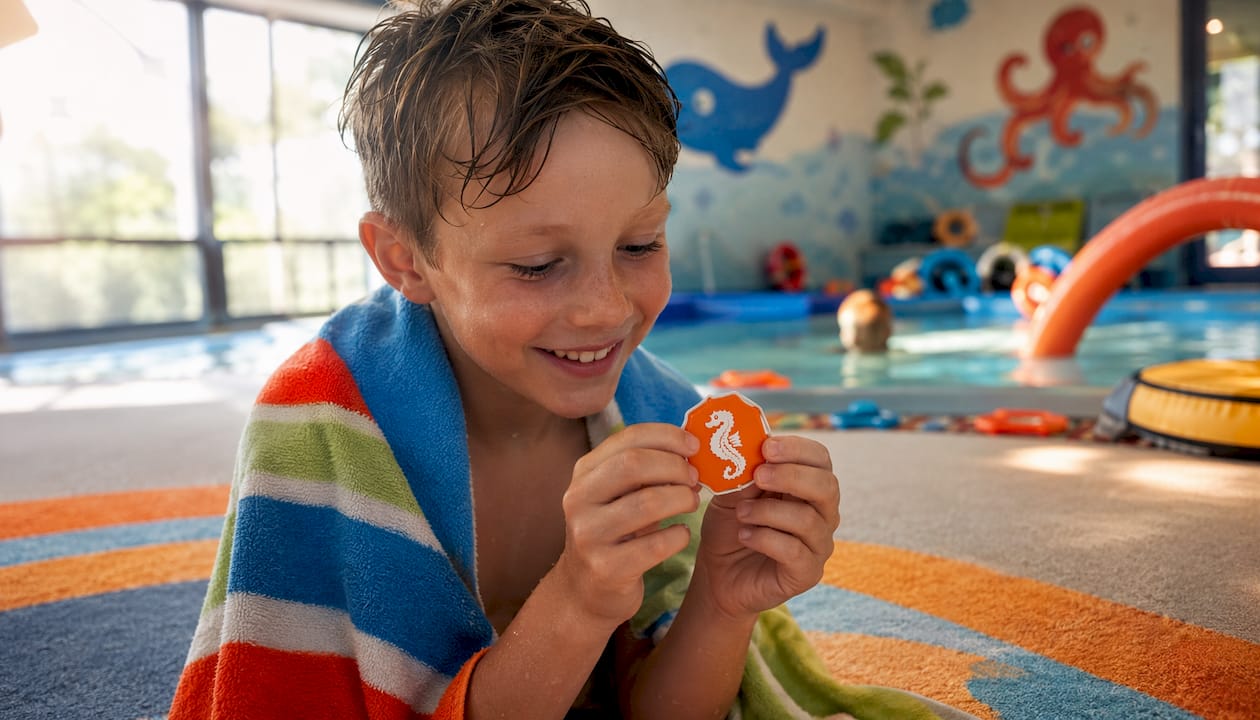 Ein Junge betrachtet stolz sein Schwimmabzeichen, auf dem sein Name steht.