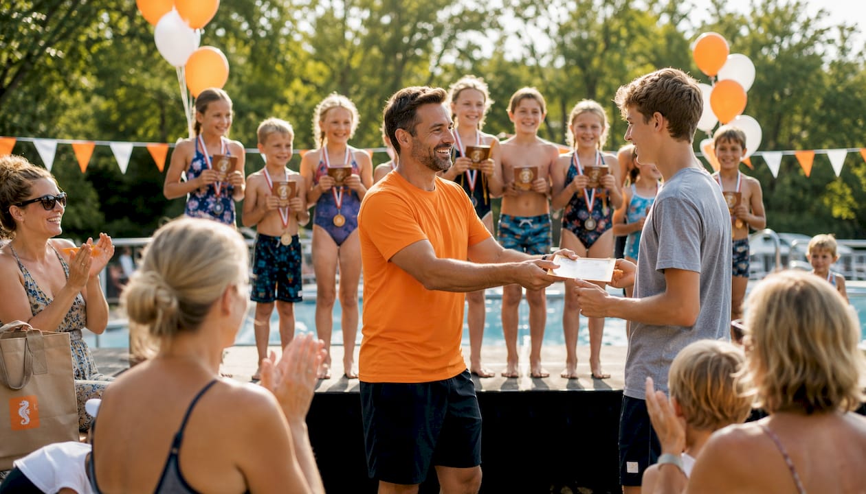Ein Jugendlicher freut sich über die Verleihung des Schwimmabzeichens in Bronze.