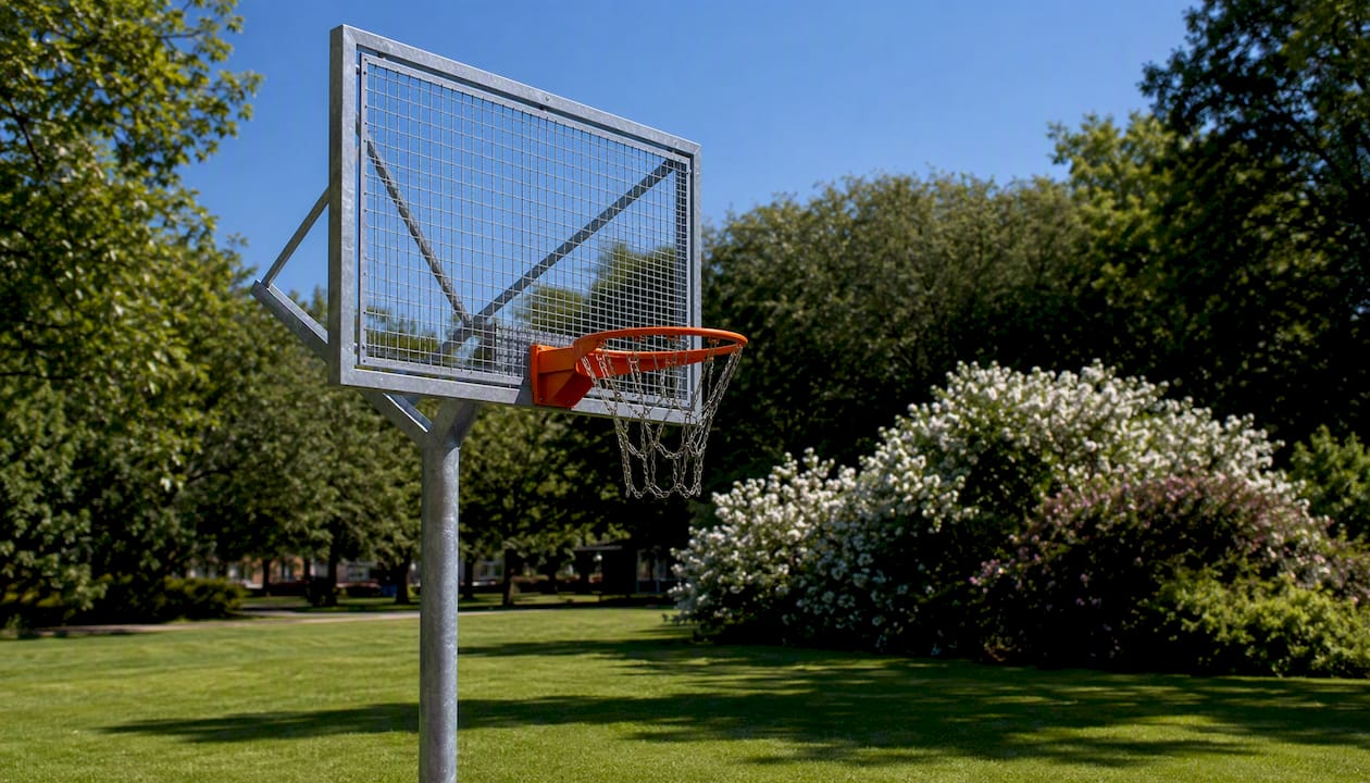Korbbrett aus Stahlgitter auf einem städtischen Basketballplatz