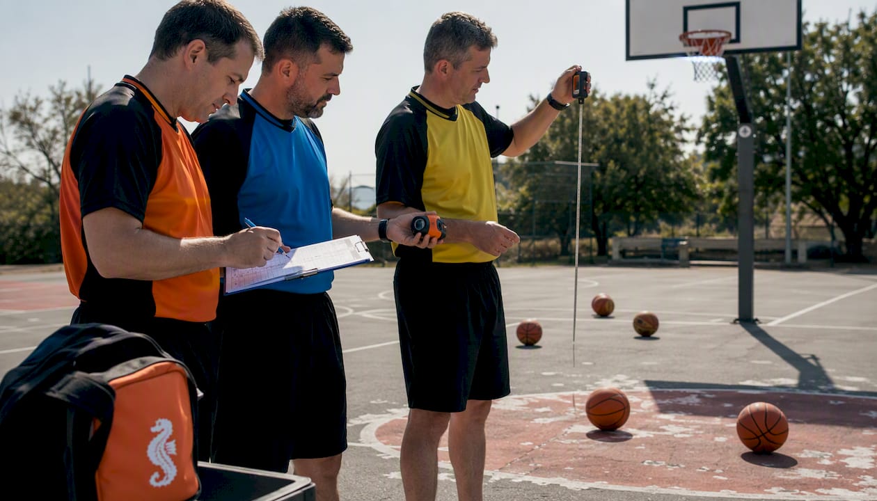 Detailaufnahme: Hände notieren die Maße des Basketballkorbs.