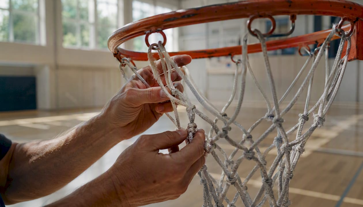 Nahaufnahme: Jemand prüft die Schlaufen des Basketballnetzes mit den Händen.