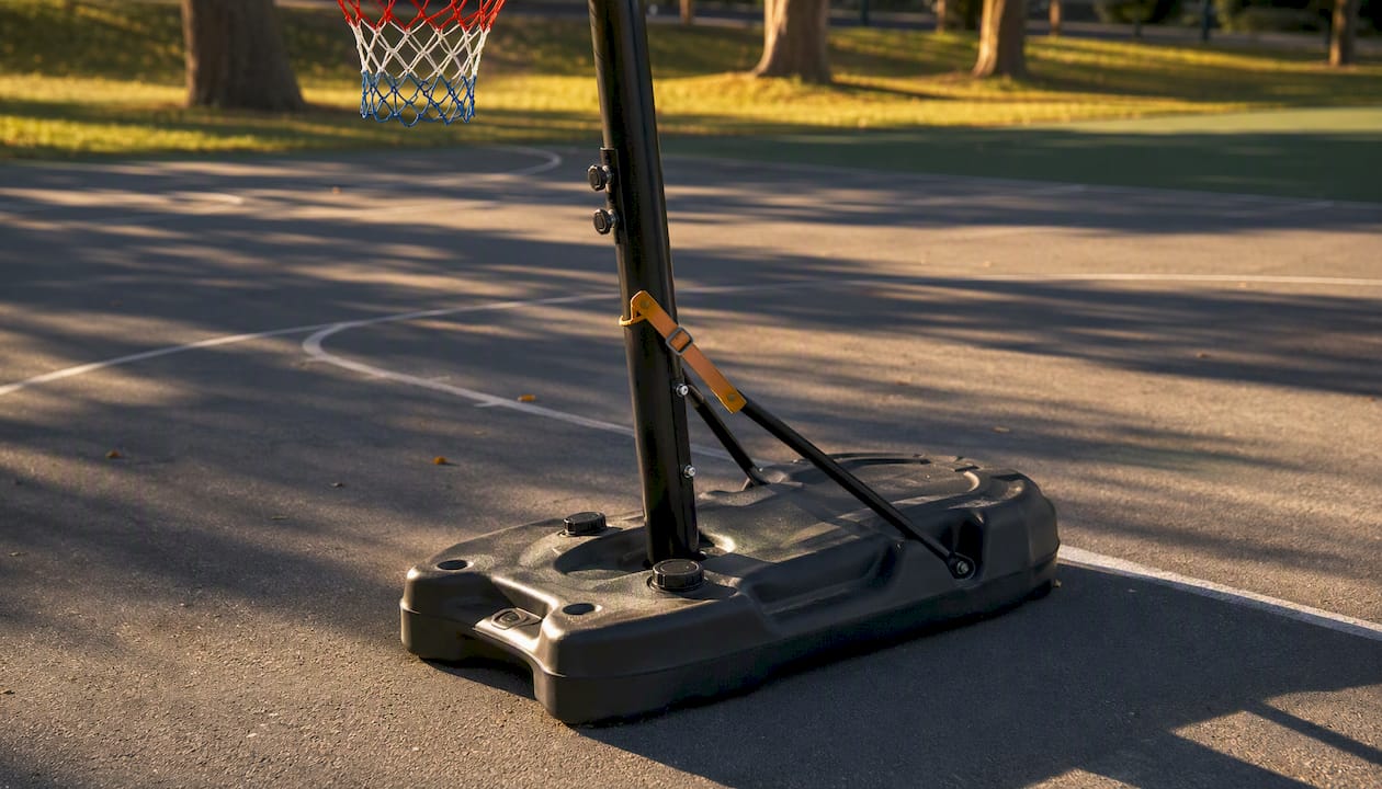Mobiles Basketballkorb-System mit stabilem Standfuß, der mit Wasser befüllt werden kann.