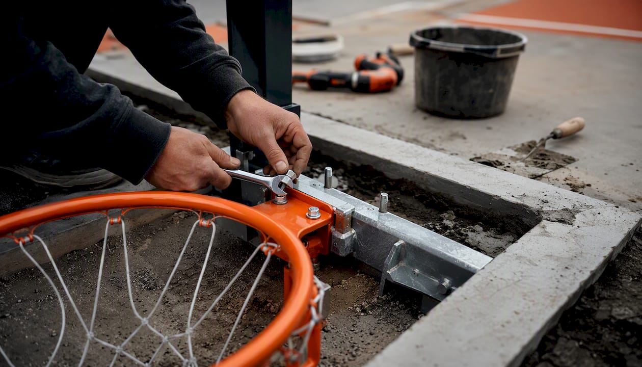Mit kräftigen Händen wird ein Basketballständer sicher im frisch gegossenen Betonfundament verankert.