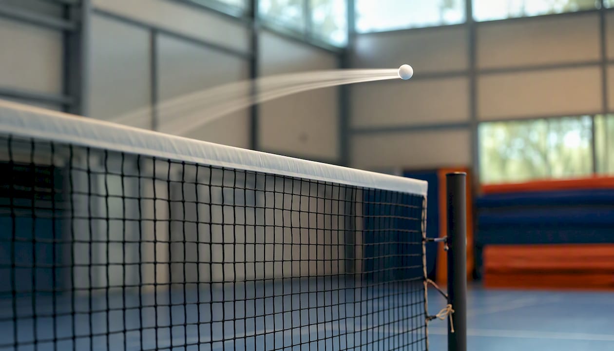 Ein Tischtennisball segelt elegant über das Netz.