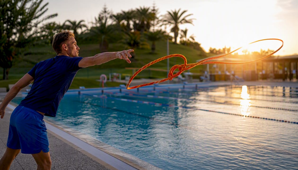 Ein Prüfer übt im Schwimmbad das Werfen einer Rettungsleine.
