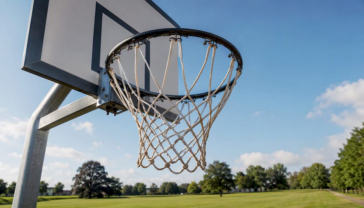 Detailaufnahme eines stabilen Basketballnetzes aus Ketten