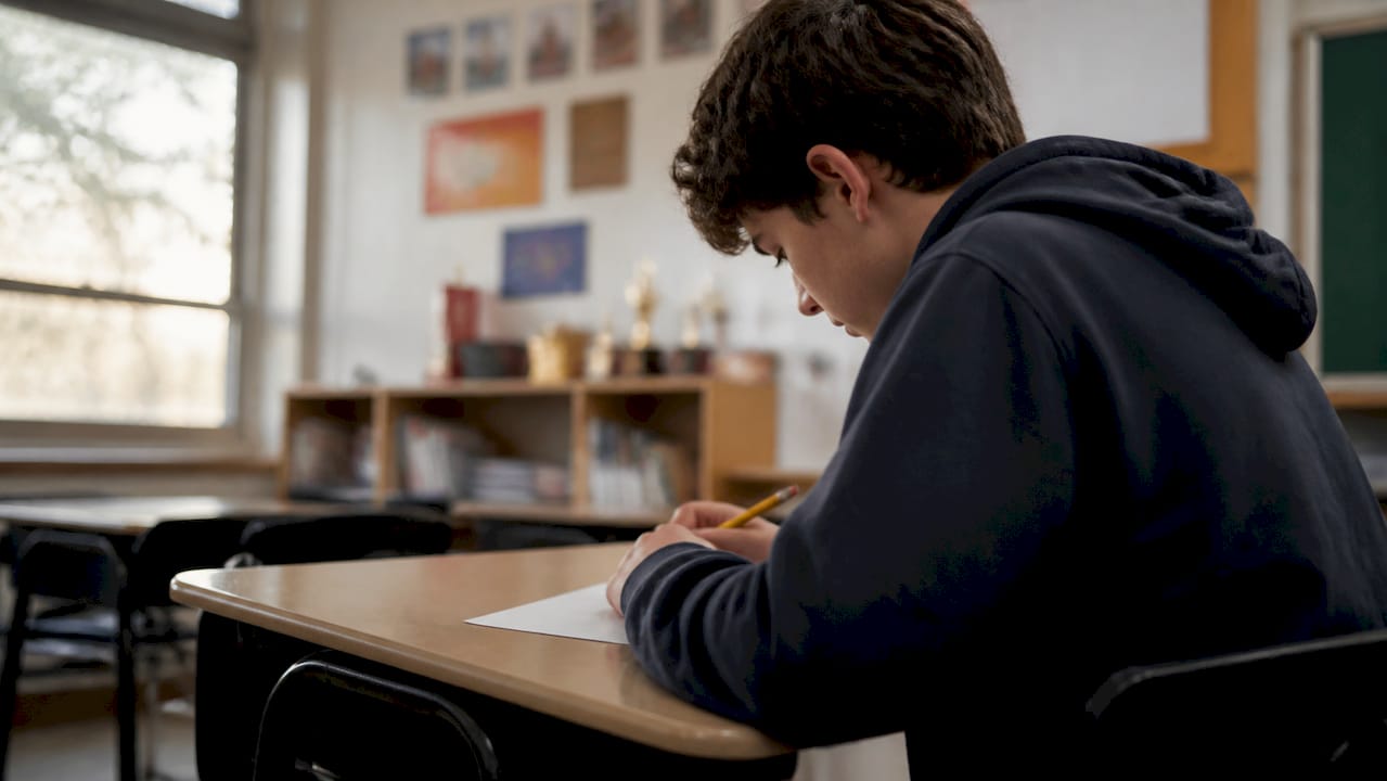 Ein Schüler bereitet sich auf die Prüfung vor und hat dabei den Bildschirm ausgeschaltet.