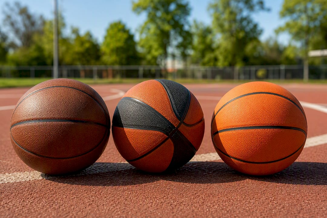 Verschiedene Basketballbälle liegen auf dem Hallenboden.